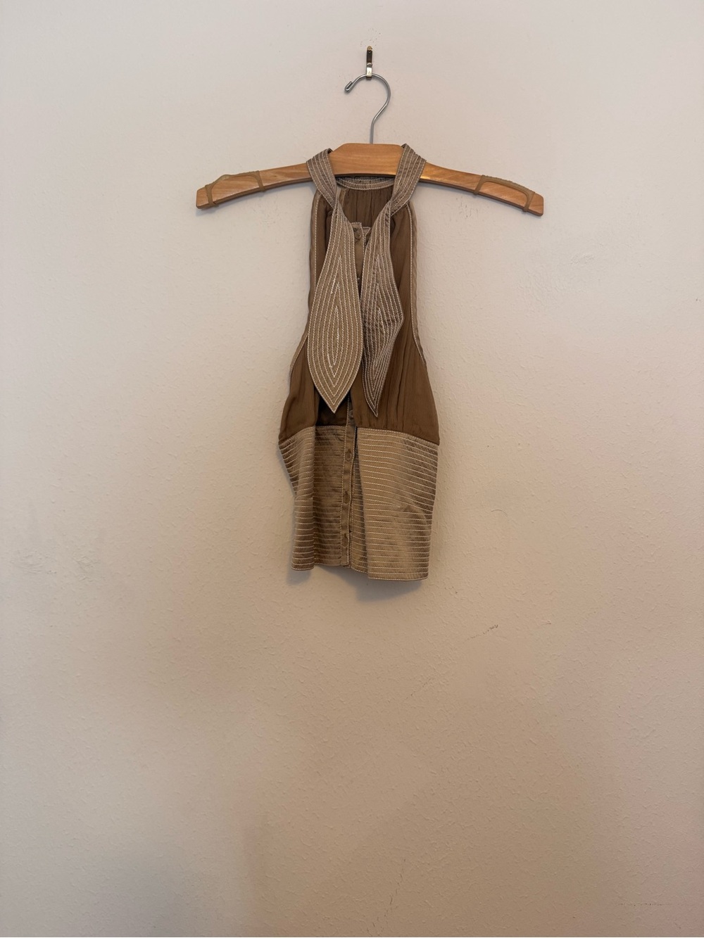 Catherine Malandrino Yellow Label with Red Script on Brown Fabric